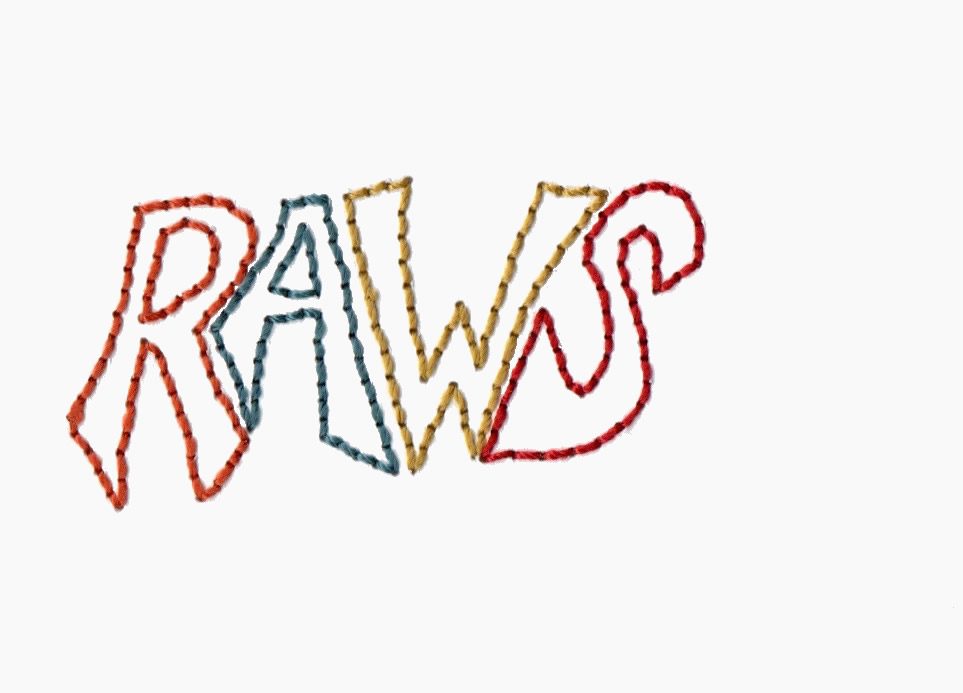 RAWS logo: hand-stitched lettering on paper